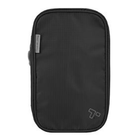 Travelon front view of compact toiletry kit showing slim profile and zipper convenience
