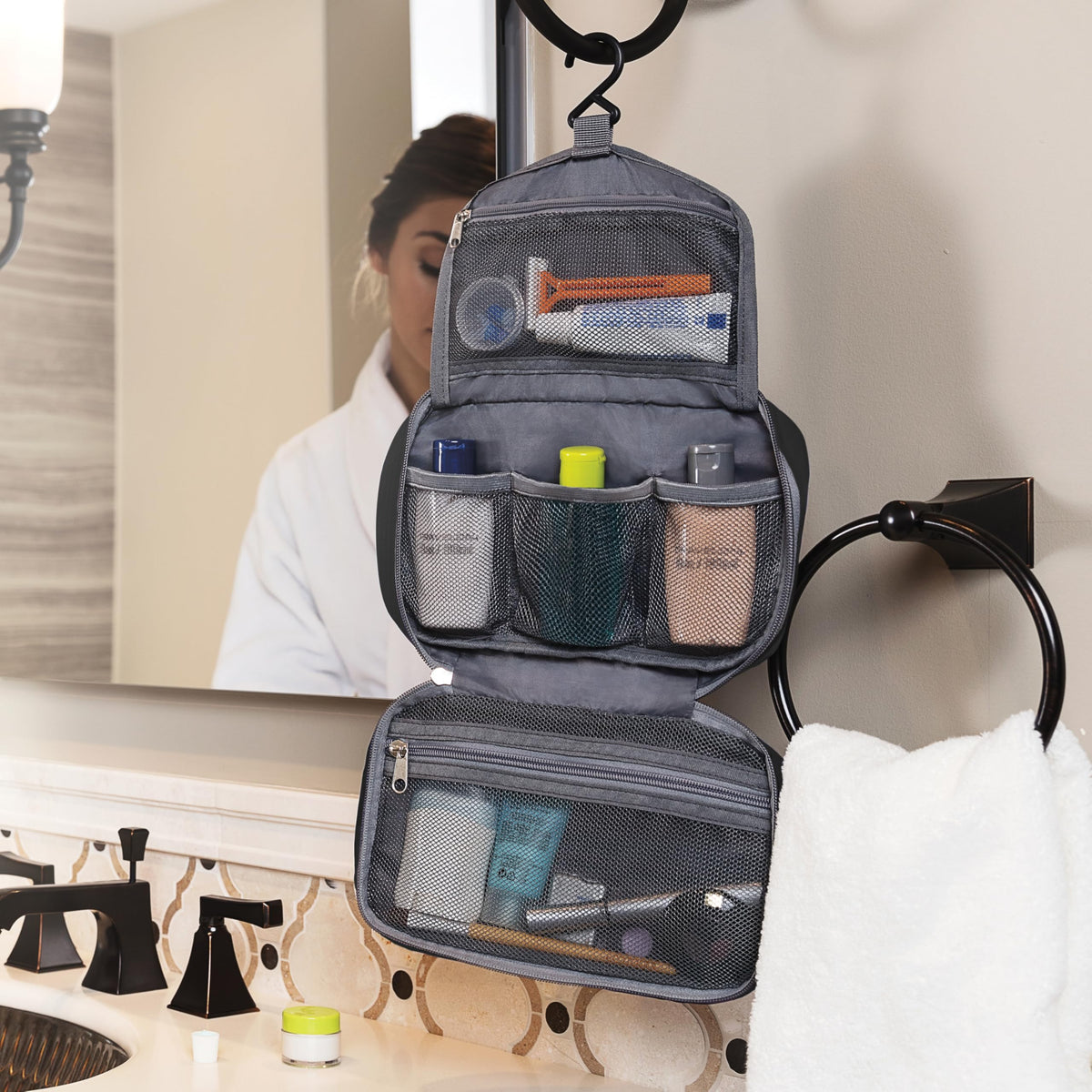 Travelon hanging in a hotel bathroom to save counter space and improve access