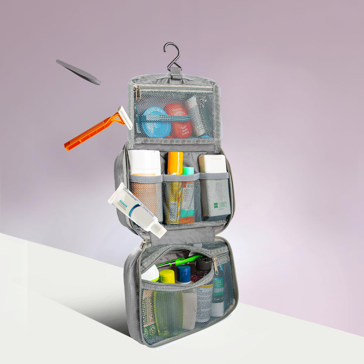 Travelon swivel hook shown hanging for space-saving convenience
