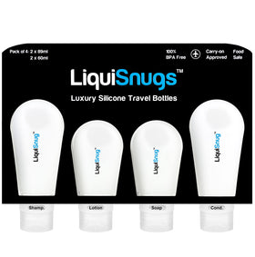 TravelSnugs LiquiSnugs front packaging showing four travel silicone bottles and labels for mess-free packing