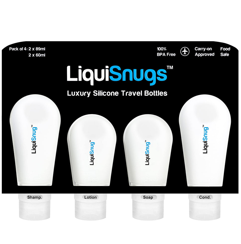 TravelSnugs LiquiSnugs front packaging showing four travel silicone bottles and labels for mess-free packing