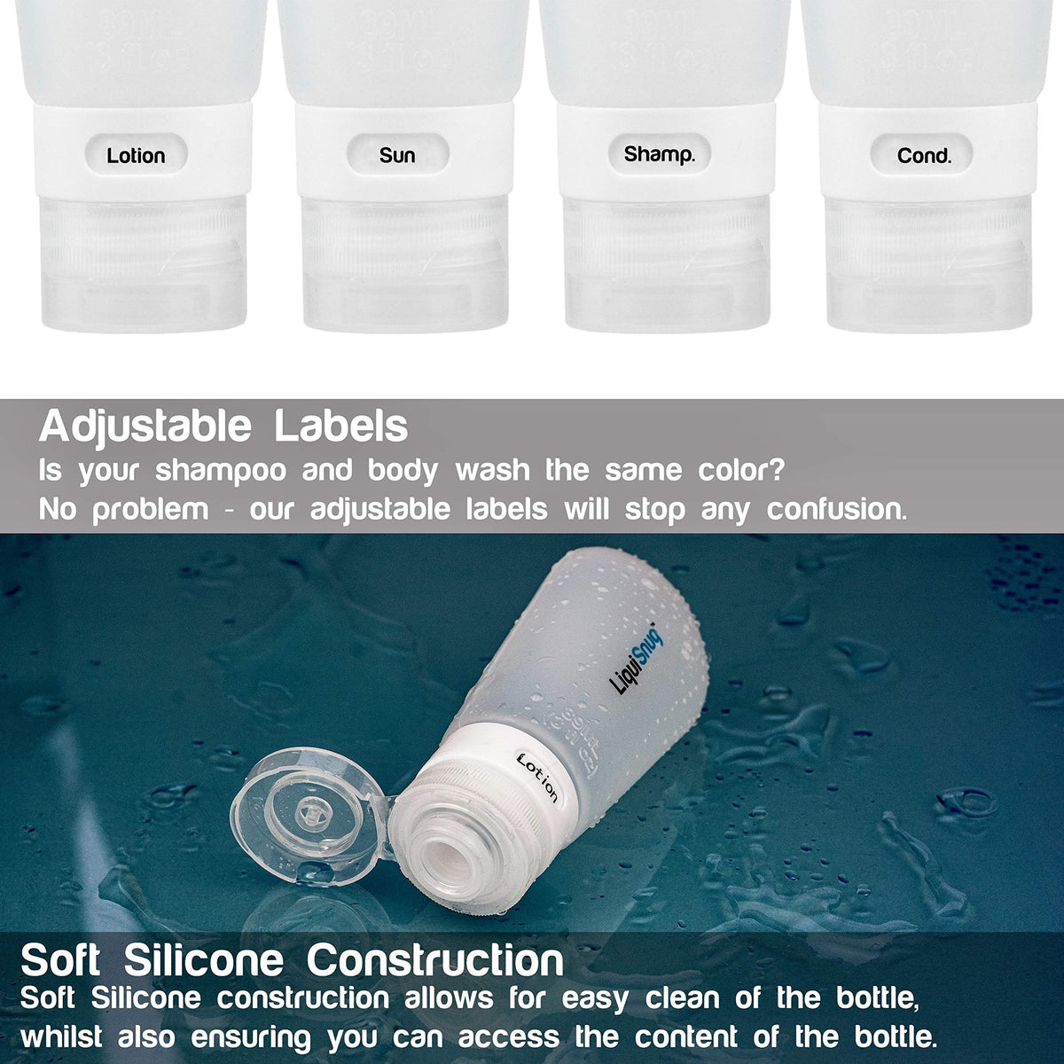 TravelSnugs LiquiSnugs silicone texture close-up demonstrating flexible, BPA-free material for easy squeeze