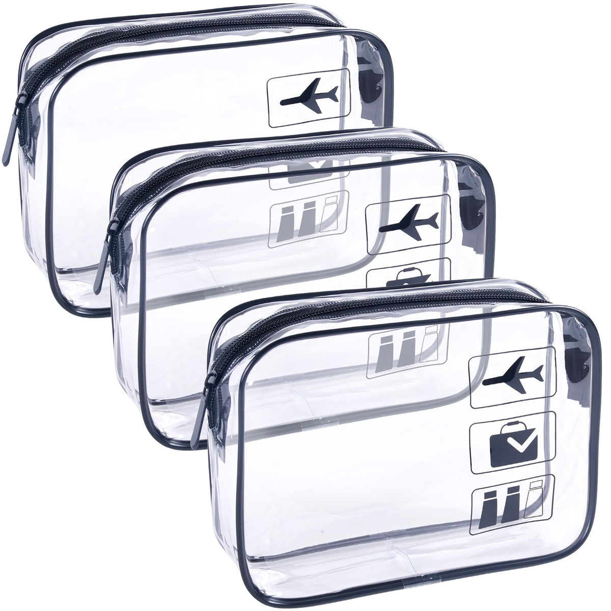 TREALDATE front view of three clear toiletry bags showing airport-ready organization