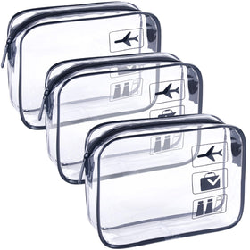 TREALDATE front view of three clear toiletry bags showing airport-ready organization