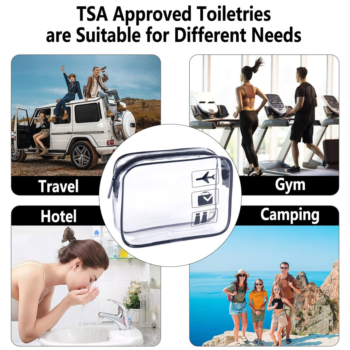 TREALDATE toiletry bag placed in airplane seat pocket showing travel convenience