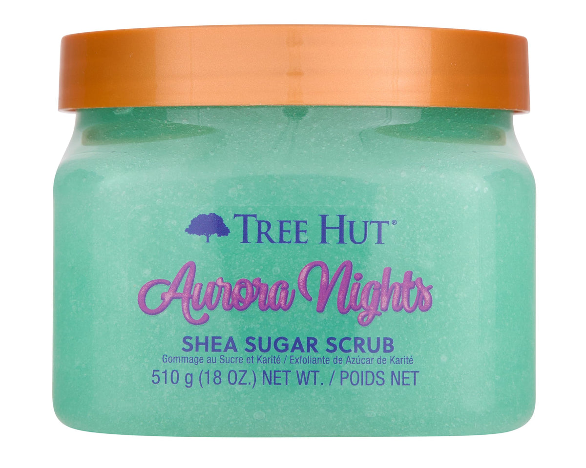 Tree Hut jar front view showing Aurora Nights label and cozy scent benefits