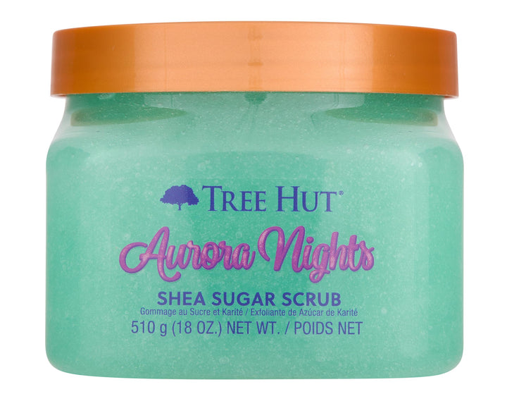 Tree Hut jar front view showing Aurora Nights label and cozy scent benefits