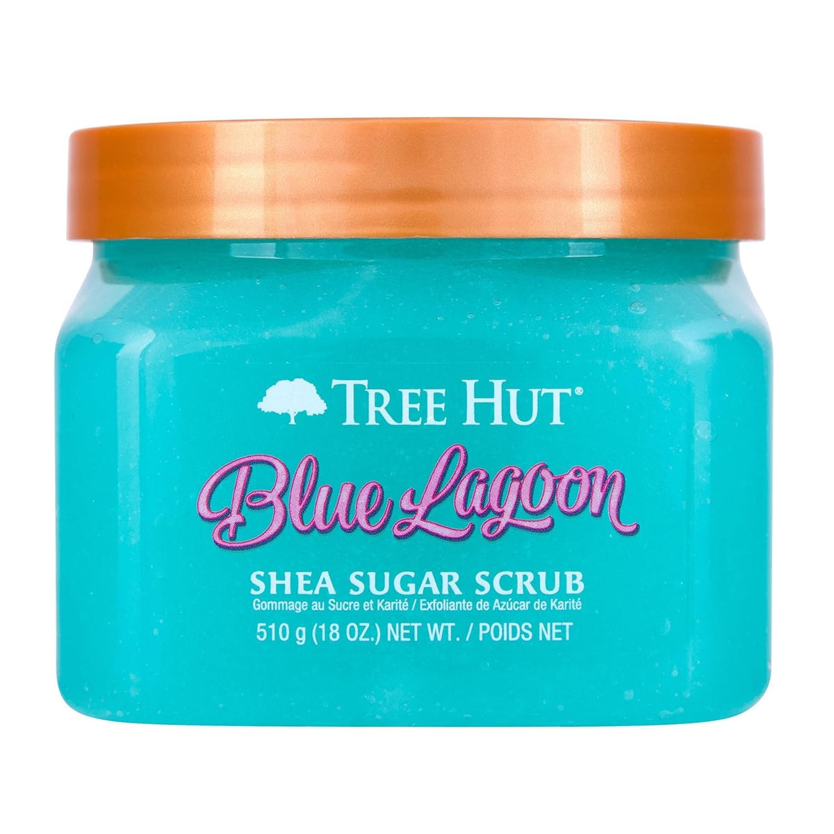 Tree Hut jar front view showing Blue Lagoon label and 18 oz size for easy recognition