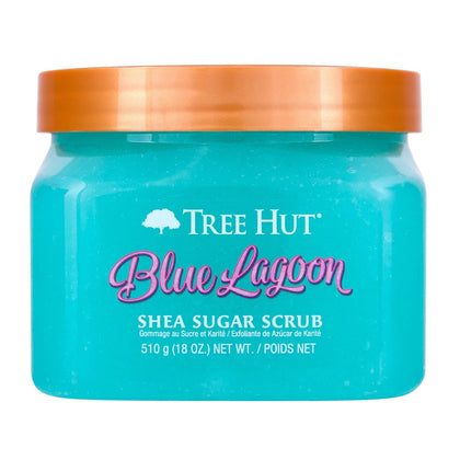 Tree Hut jar front view showing Blue Lagoon label and 18 oz size for easy recognition