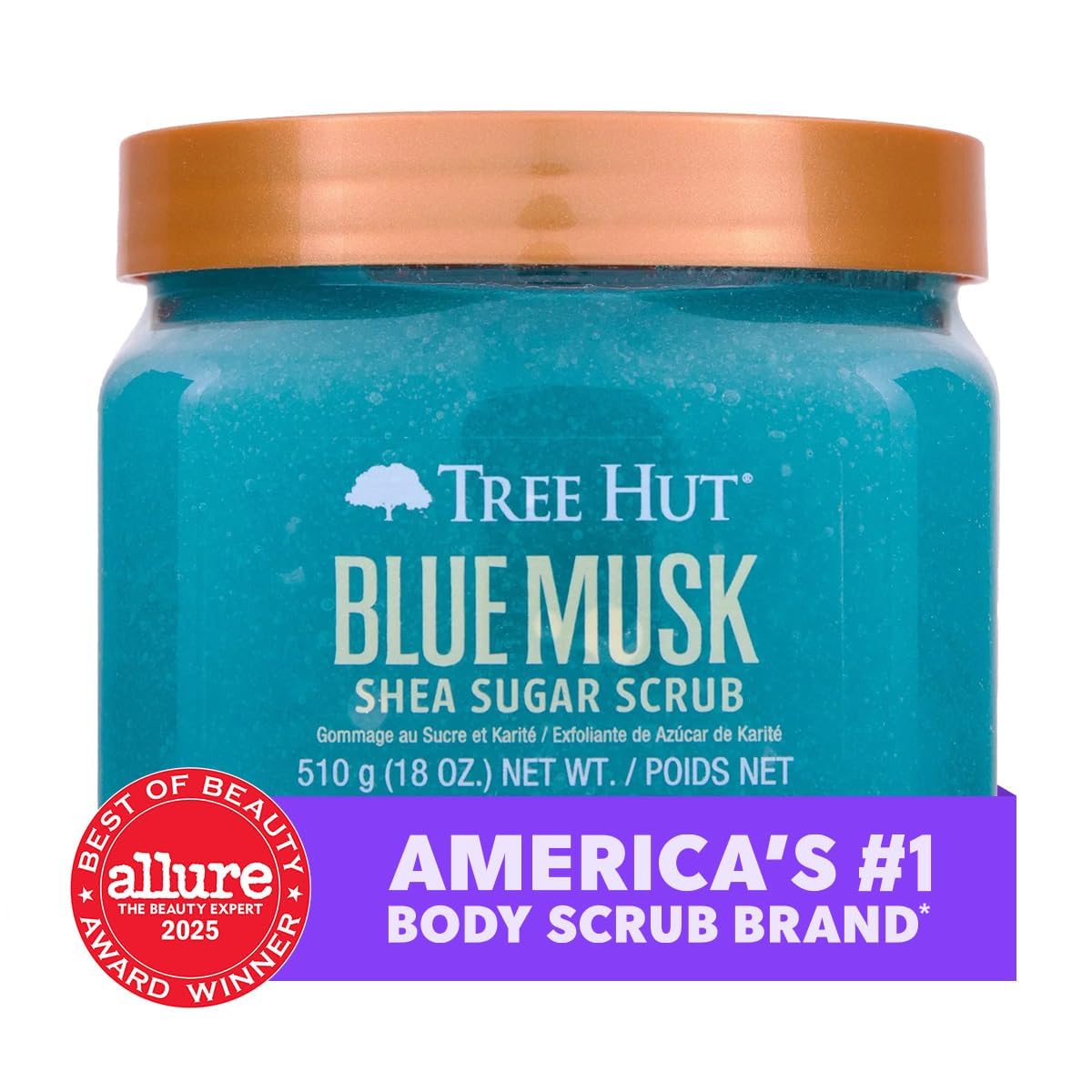 Tree Hut Blue Musk close-up sugar crystals highlighting gentle exfoliation benefit