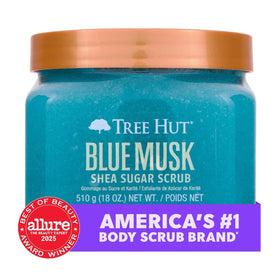 Tree Hut Blue Musk close-up sugar crystals highlighting gentle exfoliation benefit