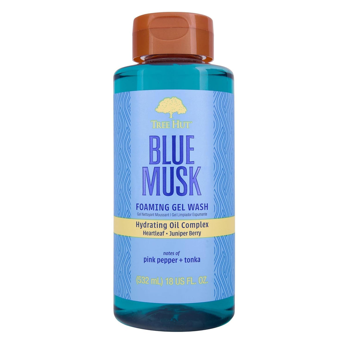 Tree Hut front bottle showing Blue Musk label and moisturizing benefit