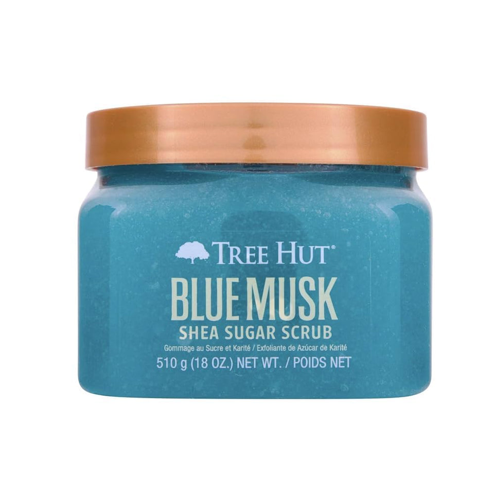 Tree Hut Blue Musk front packaging showing product and scent benefit