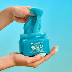 Tree Hut Blue Musk ingredients label showing shea butter and natural extracts benefit