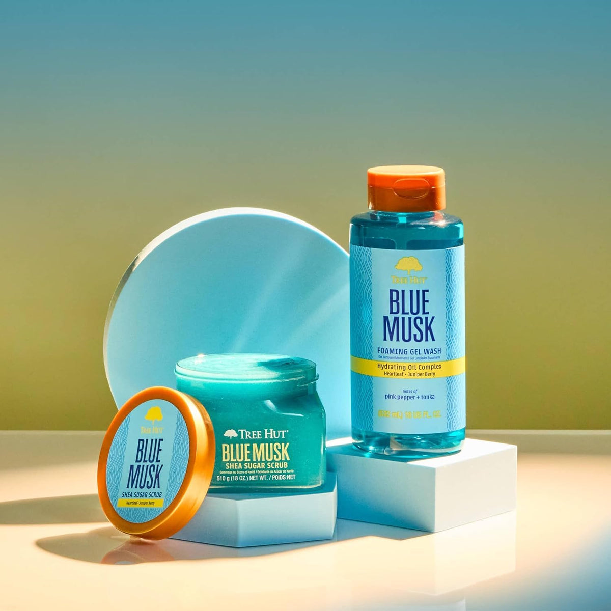 Tree Hut Blue Musk lifestyle bathroom shelf conveying spa-like self-care benefit