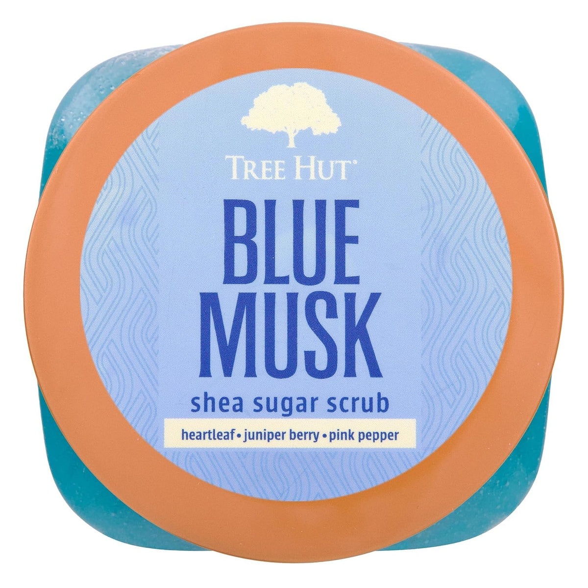 Tree Hut Blue Musk open tub displaying creamy sugar scrub texture and hydration