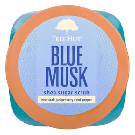Tree Hut Blue Musk open tub displaying creamy sugar scrub texture and hydration
