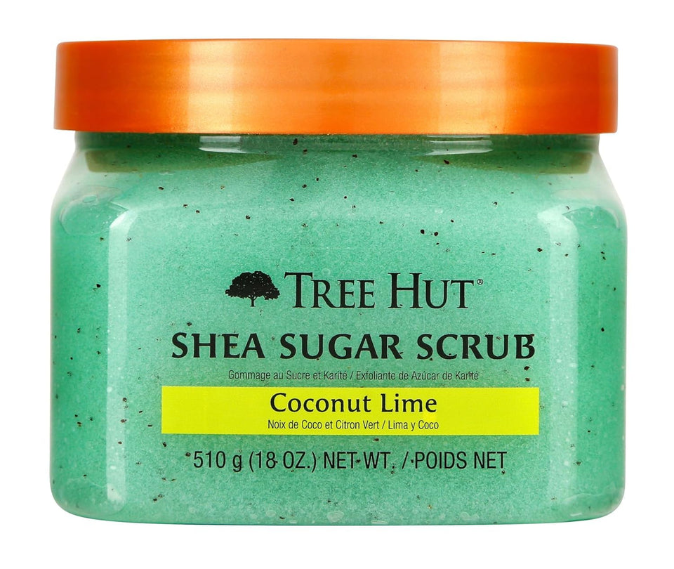 Tree Hut front tub showing coconut lime jar and bright packaging, inviting scent