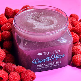 Tree Hut Desert Haze open jar revealing sugar scrub texture and creamy moisturizing benefit