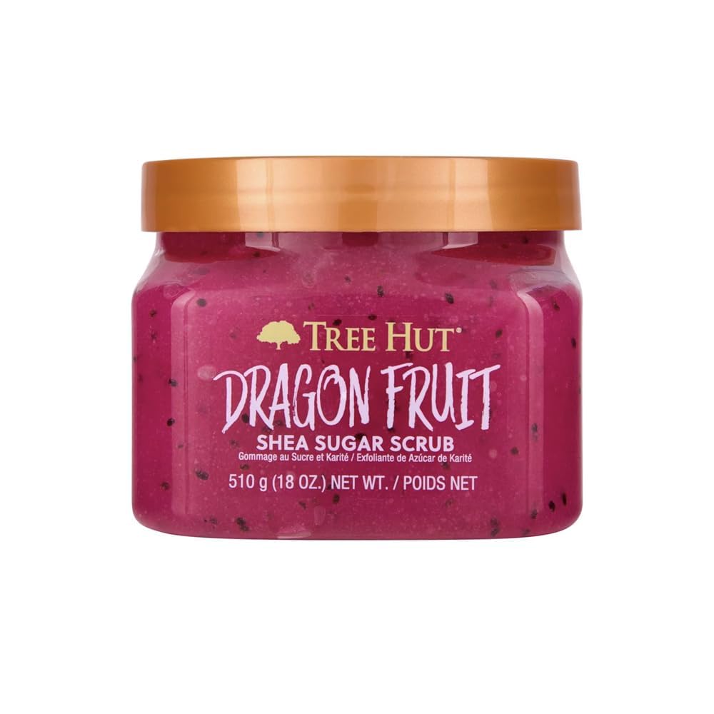 Tree Hut tub front view showing dragon fruit scent and 18 oz size benefit