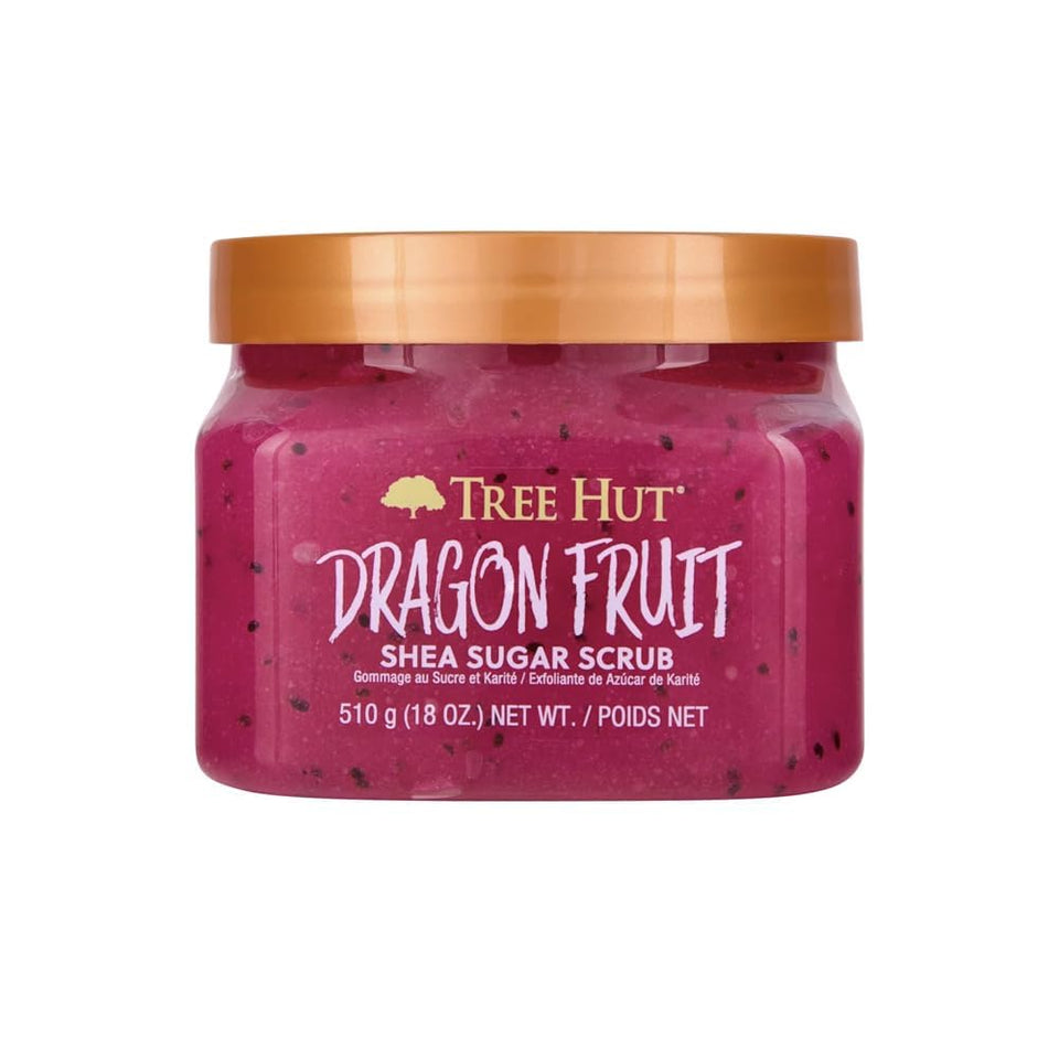 Tree Hut tub front view showing dragon fruit scent and 18 oz size benefit