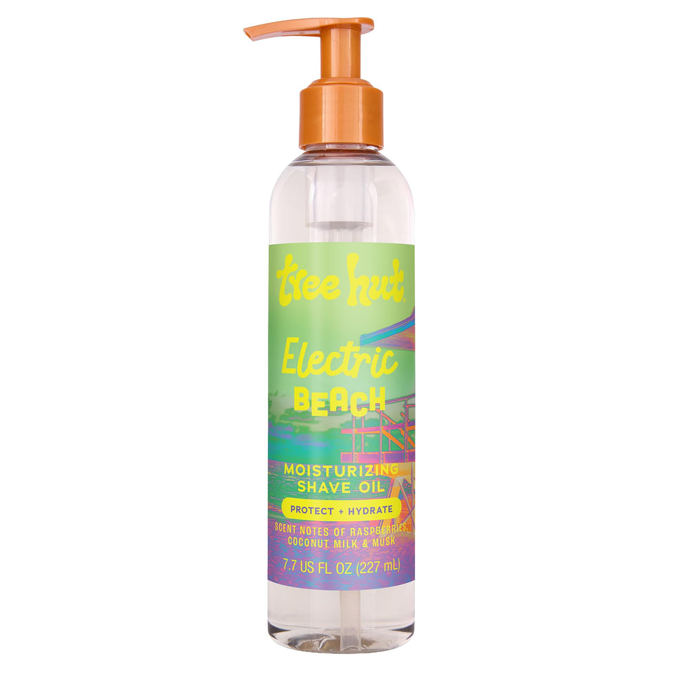 Tree Hut front packaging showing bottle and Electric Beach scent benefit