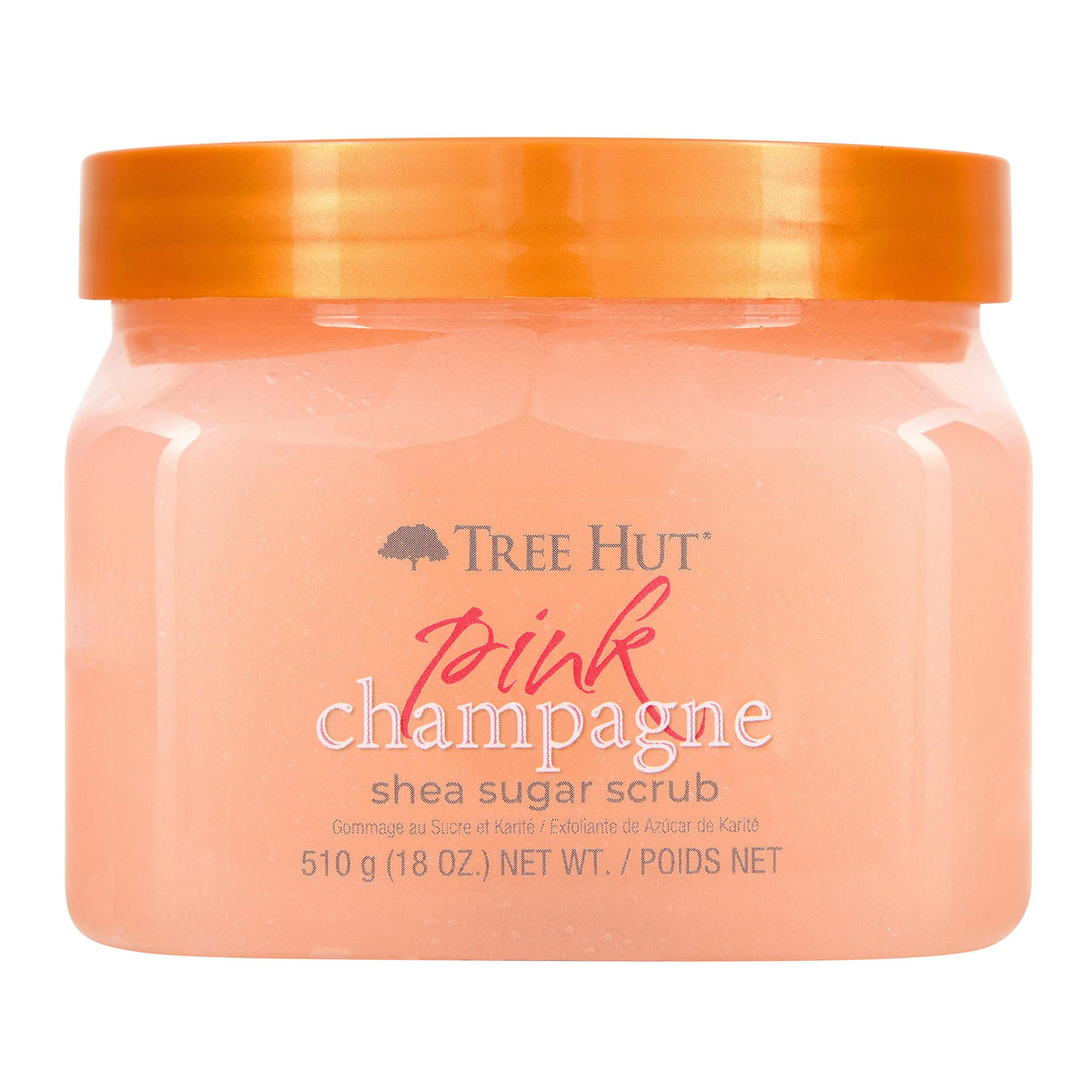 Tree Hut front jar showing label and pink champagne scrub for moisturized skin