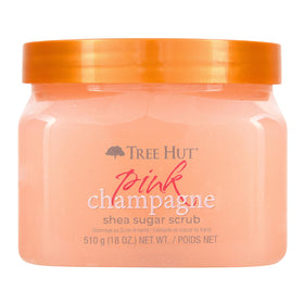 Tree Hut front jar showing label and pink champagne scrub for moisturized skin