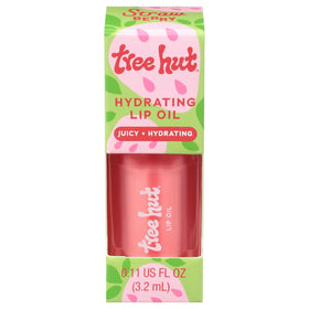 Tree Hut lip oil front packaging showing glossy strawberry finish and compact size