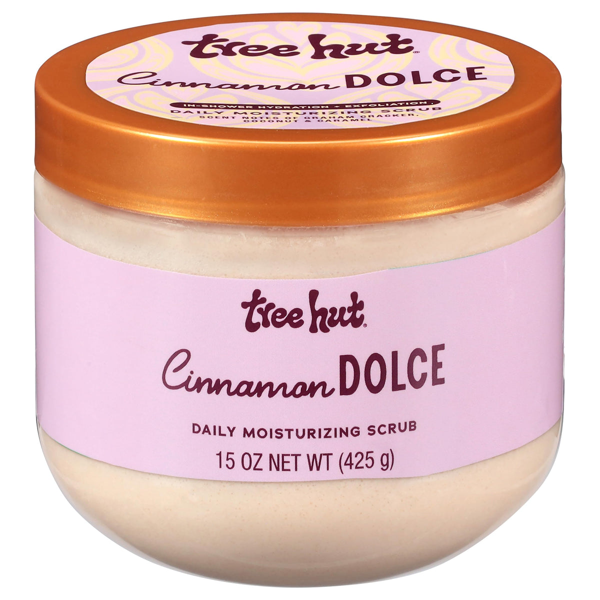 Tree Hut front packaging of Cinnamon Dolce scrub showing label and jar benefit: everyday hydration