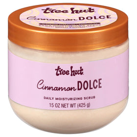 Tree Hut front packaging of Cinnamon Dolce scrub showing label and jar benefit: everyday hydration