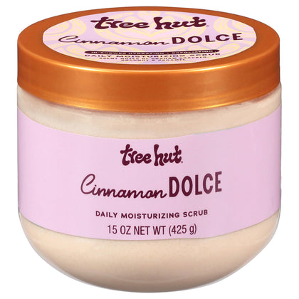 Tree Hut front packaging of Cinnamon Dolce scrub showing label and jar benefit: everyday hydration