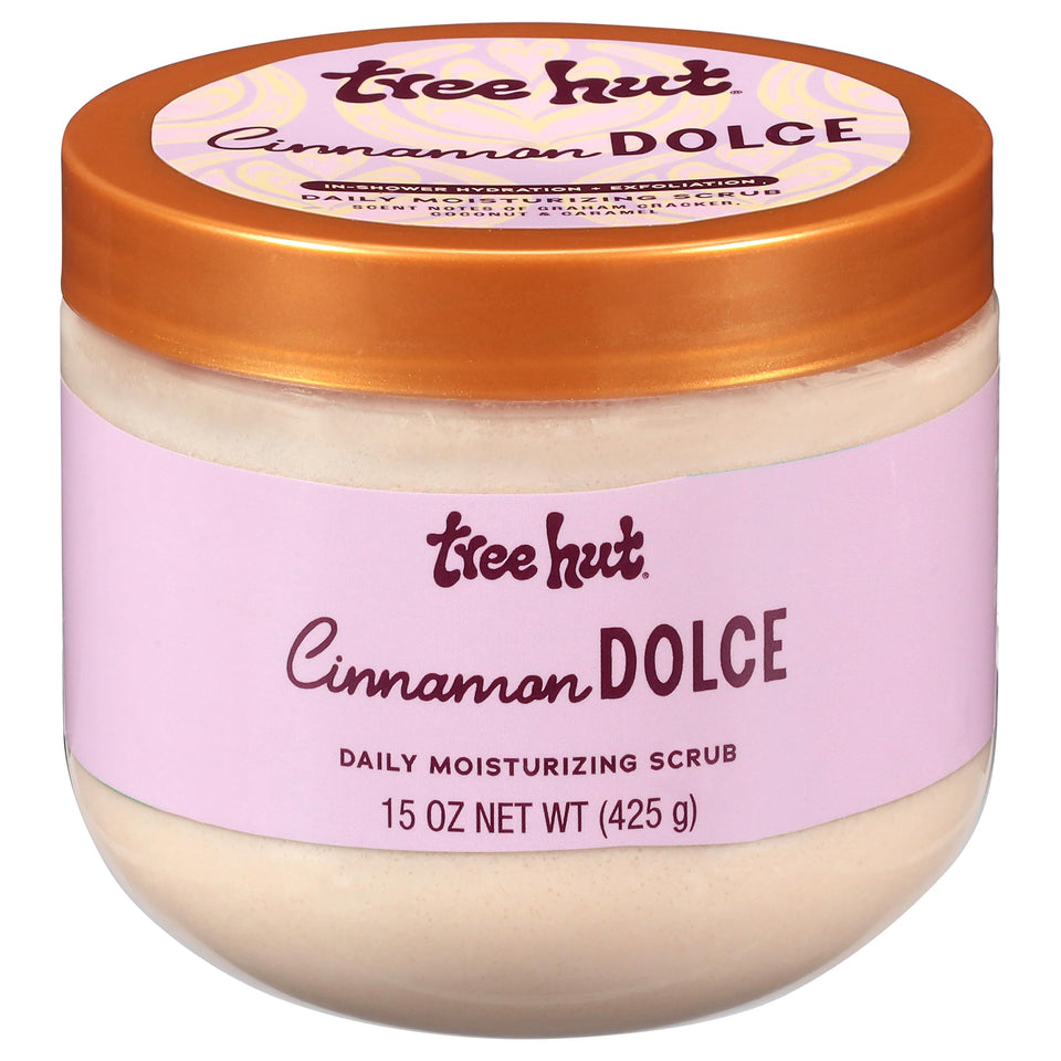 Tree Hut front packaging of Cinnamon Dolce scrub showing label and jar benefit: everyday hydration