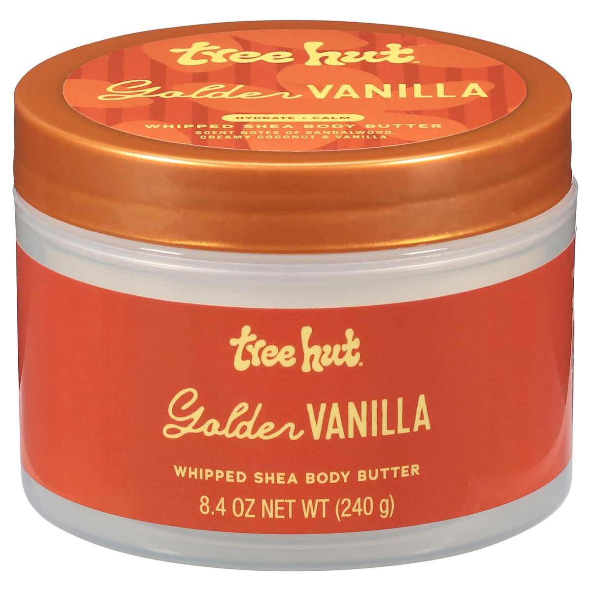 Tree Hut jar front view showing golden vanilla label and moisturizing benefits
