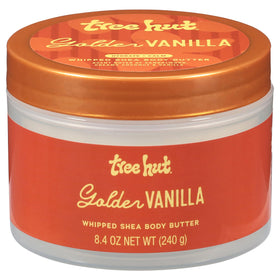 Tree Hut jar front view showing golden vanilla label and moisturizing benefits