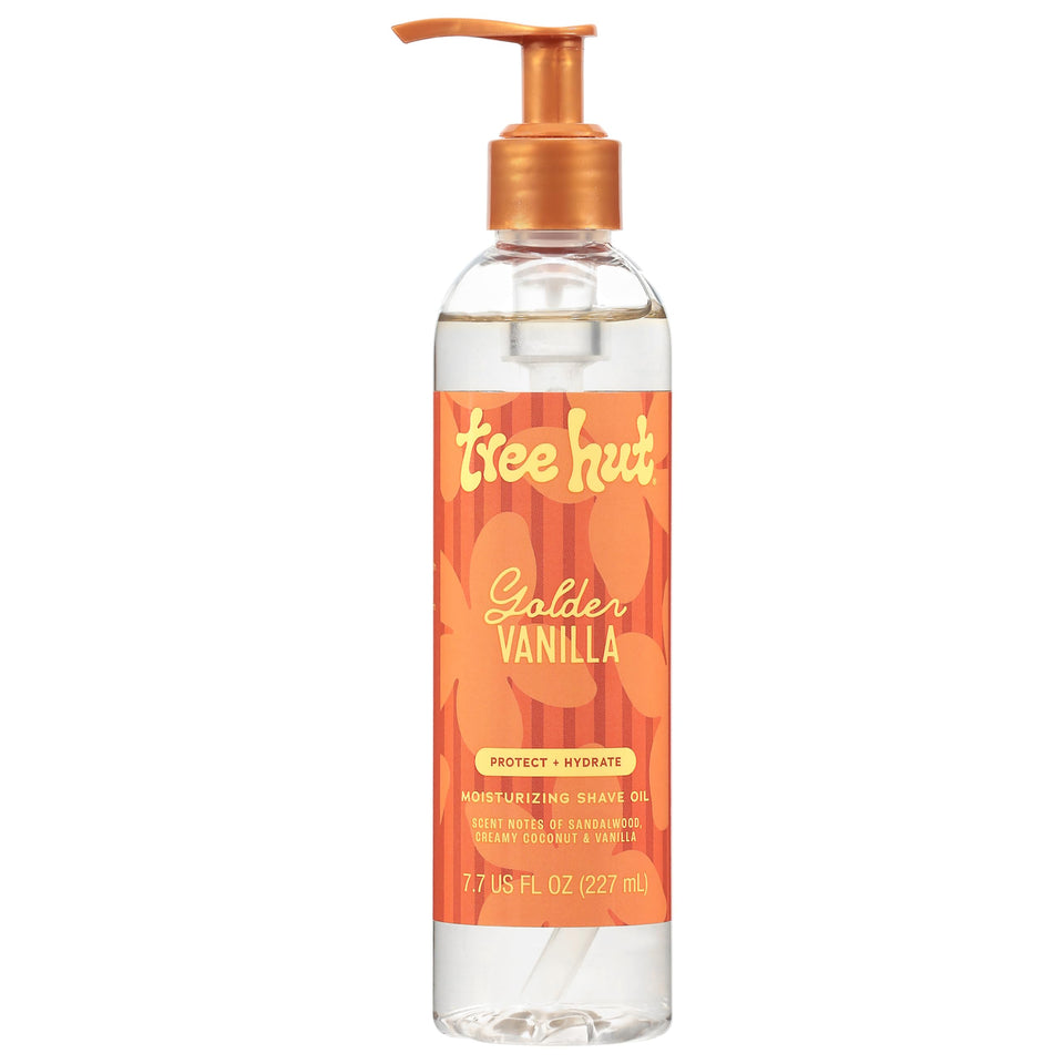 Tree Hut front packaging showing bottle and warm vanilla scent benefits