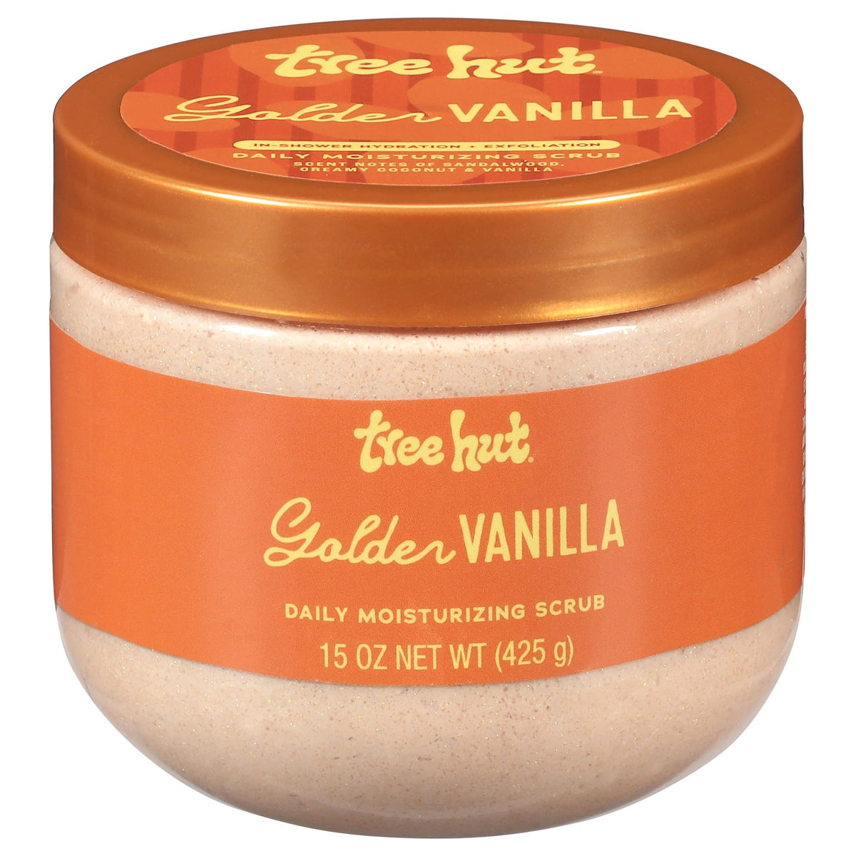Tree Hut front tub view showing golden vanilla packaging and size benefit