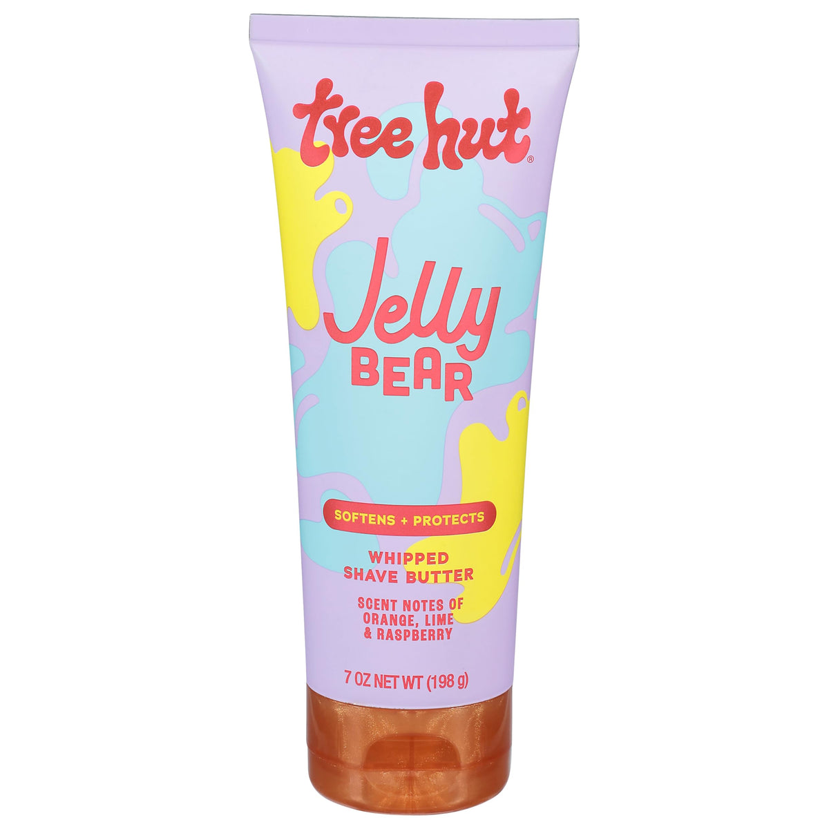 Tree Hut jar front packaging showing Jelly Bear shave butter and playful label, moisturizes skin