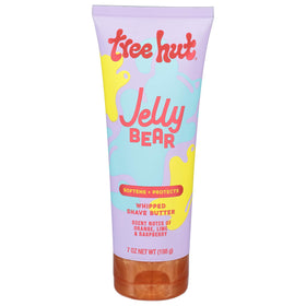 Tree Hut jar front packaging showing Jelly Bear shave butter and playful label, moisturizes skin