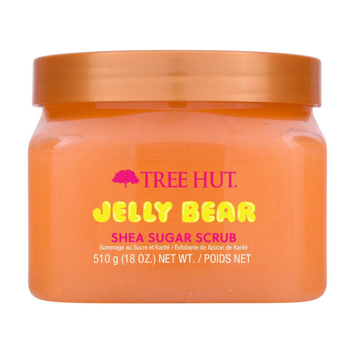 Tree Hut jar front view showing jelly bear scrub, attractive packaging and playful scent