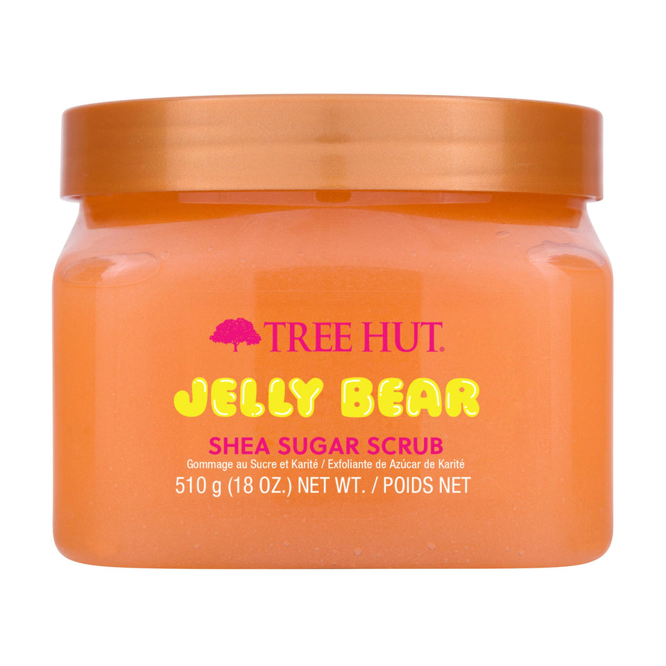 Tree Hut jar front view showing jelly bear scrub, attractive packaging and playful scent