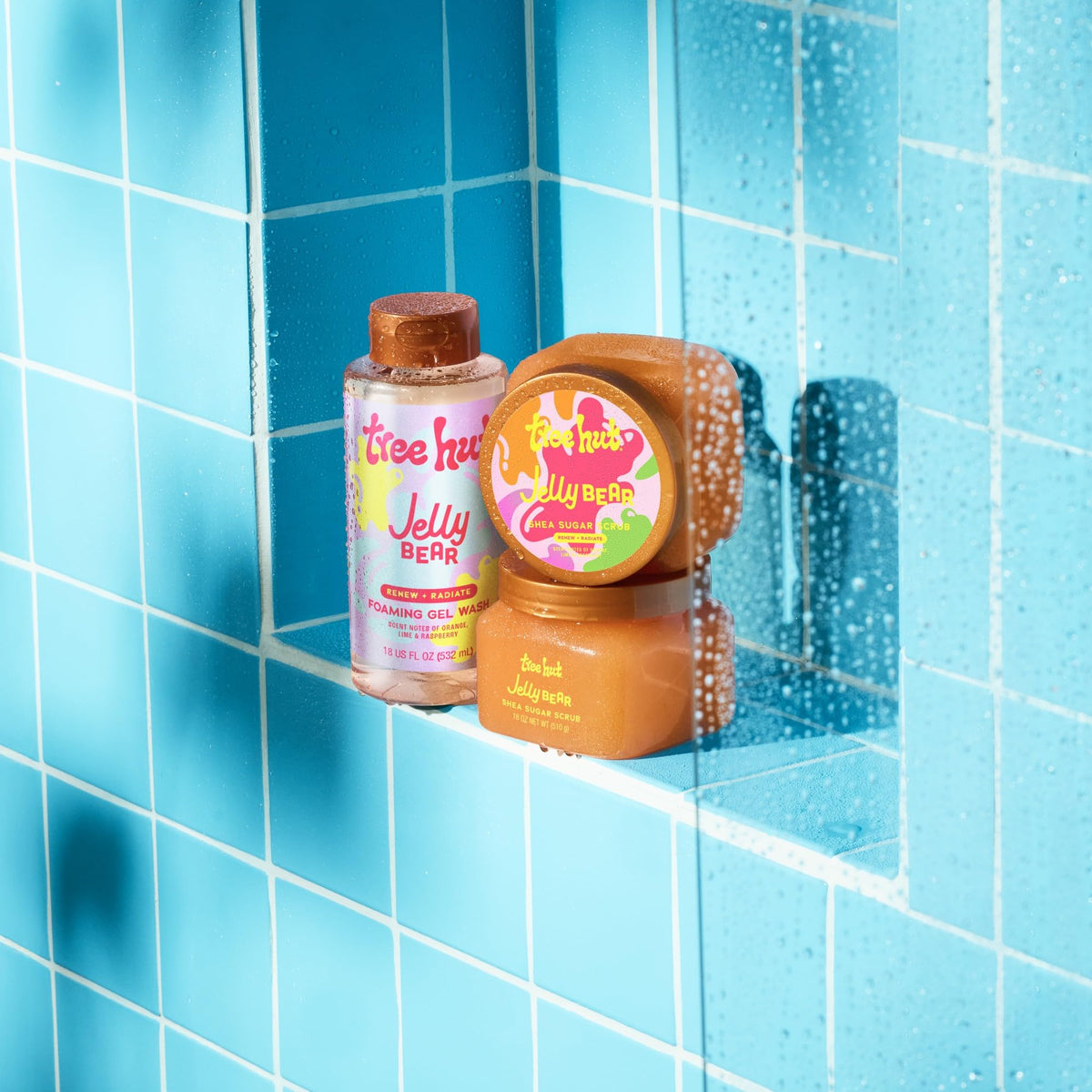 Tree Hut bottle on shower shelf in modern bathroom for spa-like self care