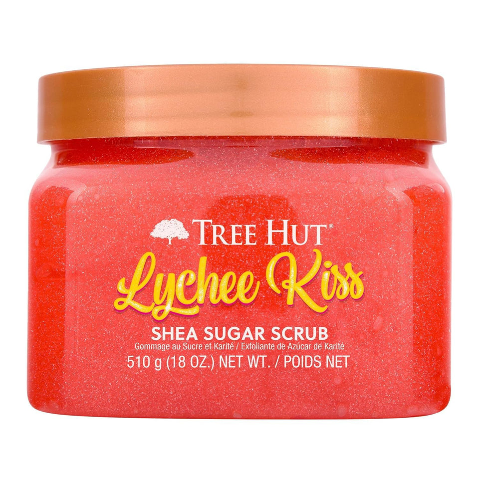 Tree Hut front jar showing label and vivid lychee scent benefit