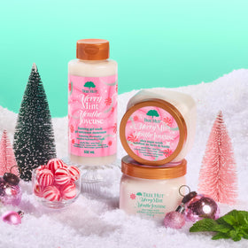 Tree Hut Merry Mint label and ingredient list highlighting natural oils benefit