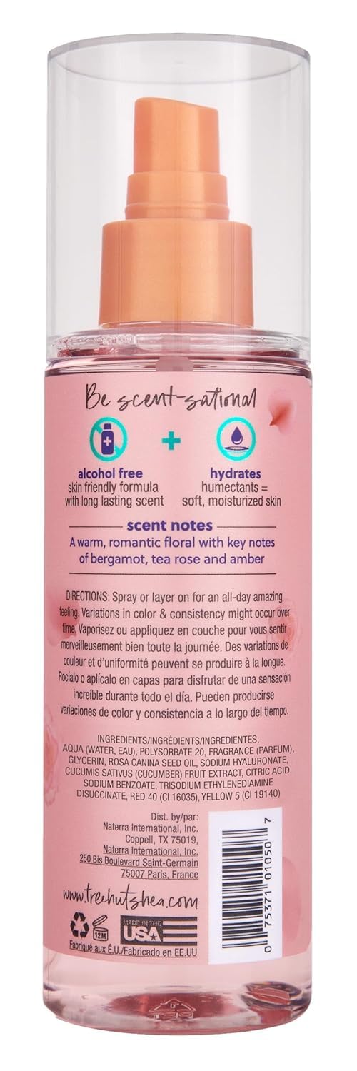 Close-up of Tree Hut Moroccan Rose label highlighting scent notes and alcohol-free benefit