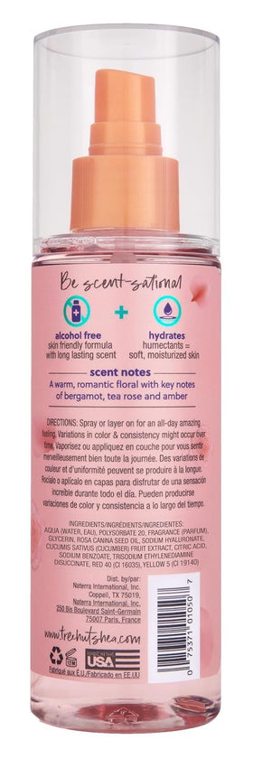 Close-up of Tree Hut Moroccan Rose label highlighting scent notes and alcohol-free benefit