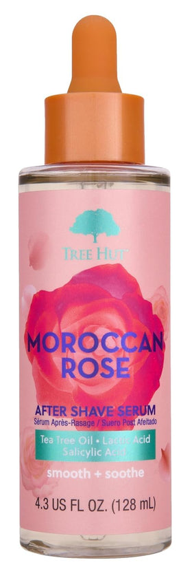 Tree Hut front bottle view showing Moroccan Rose serum and calming benefit