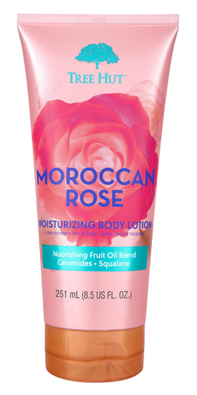 Tree Hut front bottle showing Moroccan Rose packaging and benefits