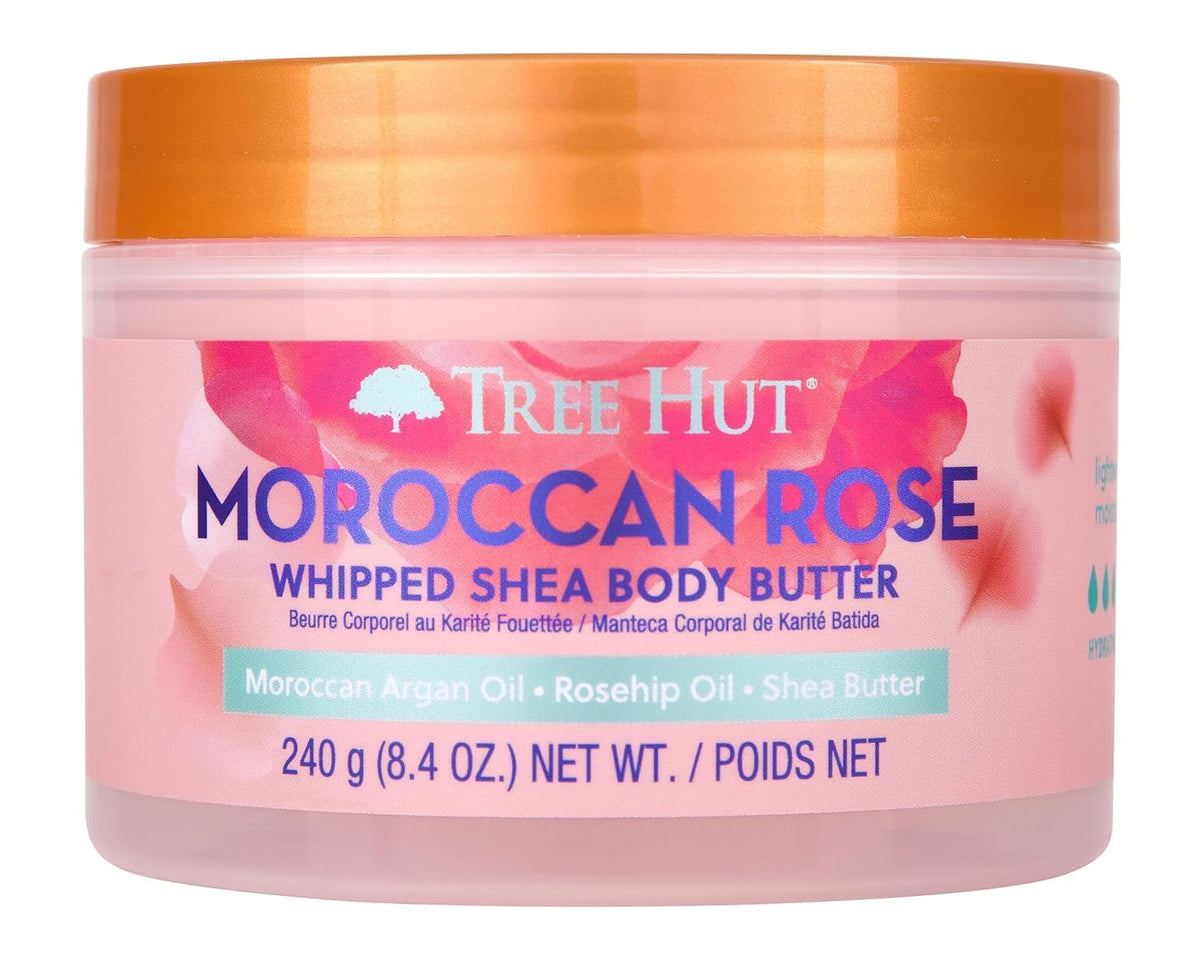 Tree Hut front jar view showing Moroccan Rose packaging and soft hydration
