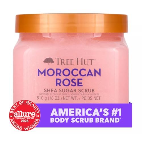 Tree Hut opened jar showing grainy sugar scrub texture and shea butter